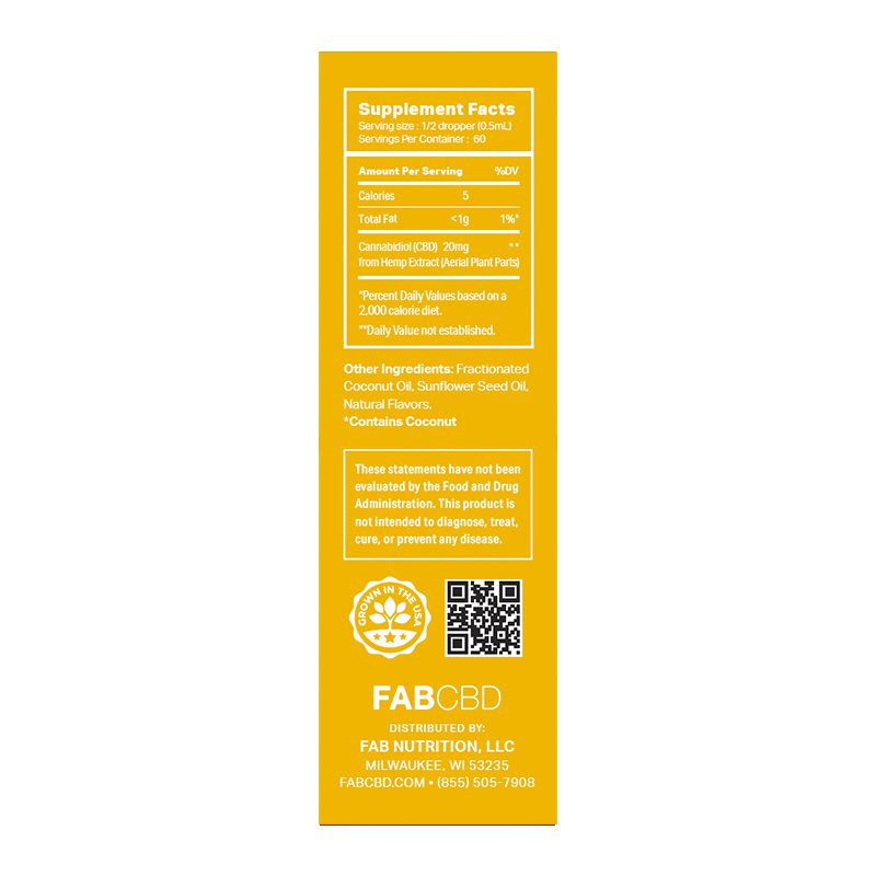 Rear view of the yellow product panel showing supplement facts and warning text for FABCBD CBD Oil, with a QR code and company info at the bottom