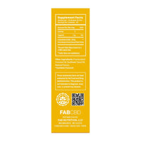 Rear view of the yellow product panel showing supplement facts and warning text for FABCBD CBD Oil, with a QR code and company info at the bottom