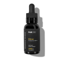 Top-down view of a black dropper bottle labeled "FABCBD CBD Oil" casting a soft shadow on a white background.