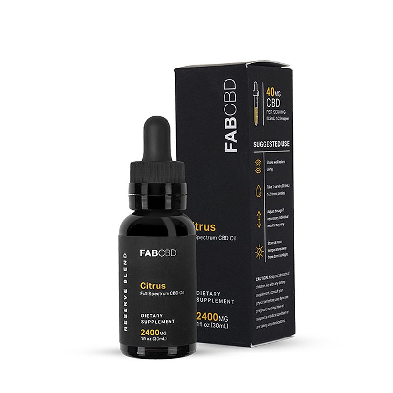 Front three-quarter view of the FABCBD CBD Oil bottle and its black box on a white background.