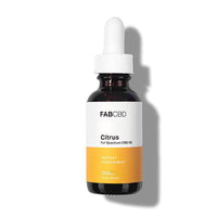 Top-down front view of the FAB CBD CBD Oil dropper bottle with a white label and citrus-orange lower panel casting a soft shadow.
