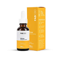 Front view of the FABCBD CBD Oil Citrus bottle and matching orange box on a white background.