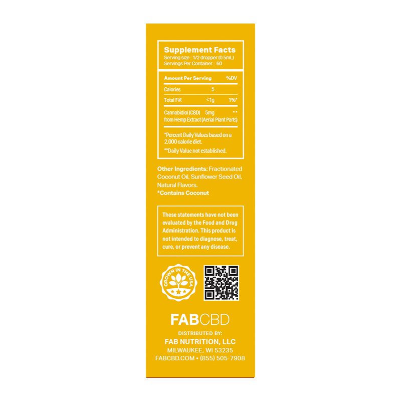 Tall, centered label shot of the FABCBD CBD Oil box in yellow showing supplement facts, ingredients, QR code, and brand logo.