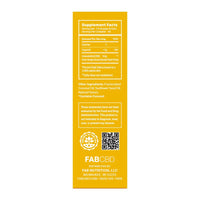 Tall, centered label shot of the FABCBD CBD Oil box in yellow showing supplement facts, ingredients, QR code, and brand logo.