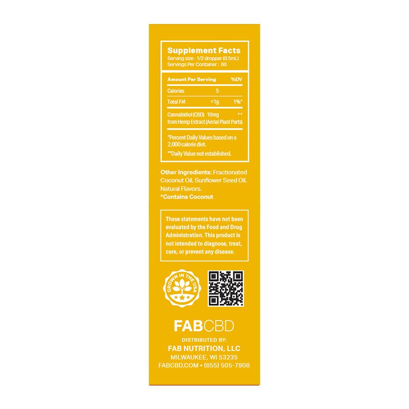 Tall, centered view of the yellow FABCBD CBD Oil box back panel showing supplement facts, QR code, and small white text.