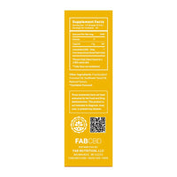 Tall, centered view of the yellow FABCBD CBD Oil box back panel showing supplement facts, QR code, and small white text.