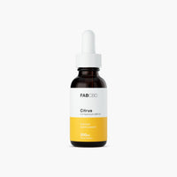 Center-frontal view of the FABCBD CBD Oil dropper bottle with a white cap and yellow label on a plain white background.