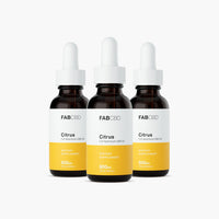 Front-facing trio of FABCBD CBD Oil dropper bottles with white caps and yellow labels on a white background.