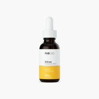 Center-front view of the FABCBD CBD Oil dropper bottle with a white cap and yellow label against a plain white background.
