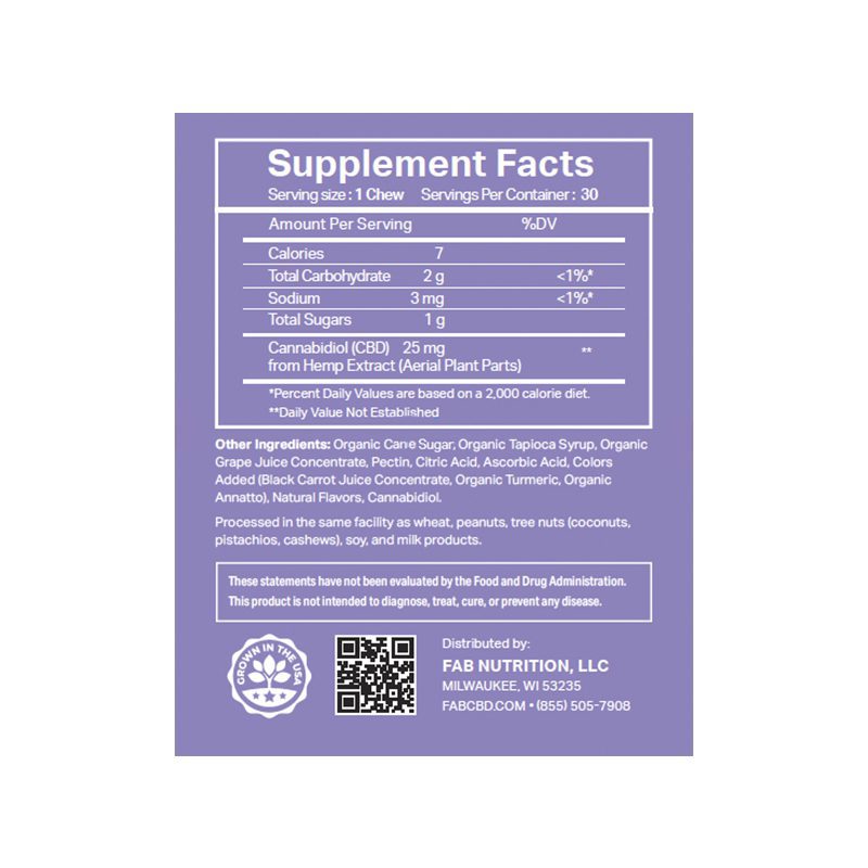 Supplement facts label for Anytime Gummies showing nutritional info, calorie count, and ingredient list on a purple.