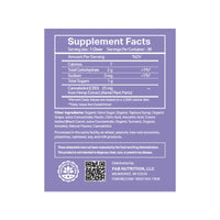 Supplement facts label for Anytime Gummies showing nutritional info, calorie count, and ingredient list on a purple.