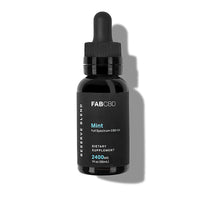 Front-on studio view of a black dropper bottle labeled "FABCBD CBD Oil" casting a soft shadow on a white background.