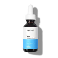 Front-lit, top-down view of a brown glass dropper bottle labeled "FABCBD CBD Oil" casting a soft shadow on a white background.