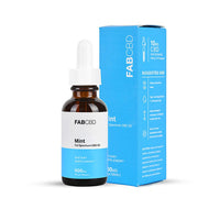 Front view of the FABCBD CBD Oil Mint 600mg amber dropper bottle next to its bright blue boxed packaging.