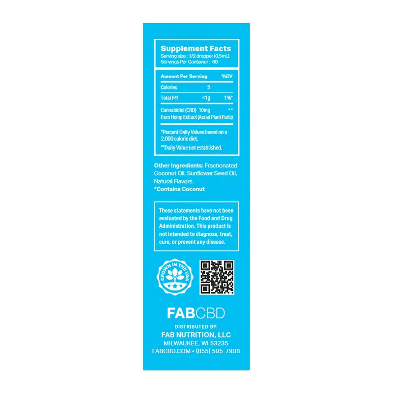 Rear close-up of the bright blue FABCBD CBD Oil box showing supplement facts, ingredients, QR code, and company details.