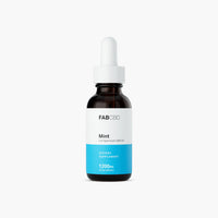 Center-frontal view of the FABCBD CBD Oil mint bottle with a white dropper cap and blue label against a plain white background