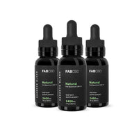 Three black 1 fl oz dropper bottles of FABCBD CBD Oil arranged in a triangular row on a white background, front labels visible.