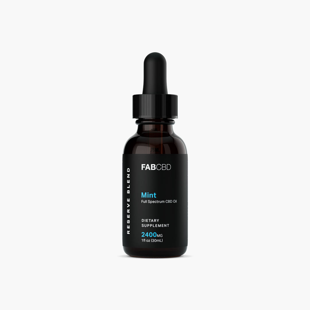 Front-facing studio shot of the FABCBD CBD Oil dropper bottle with black label and mint accent on a white background.