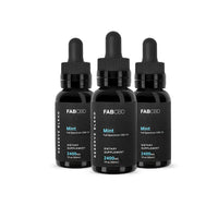 Front-facing trio of FABCBD CBD Oil mint bottles with black droppers and minimalist labels against a white background.