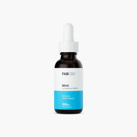 Center-lit front view of the FABCBD CBD Oil dropper bottle with a white cap and blue-accented label.