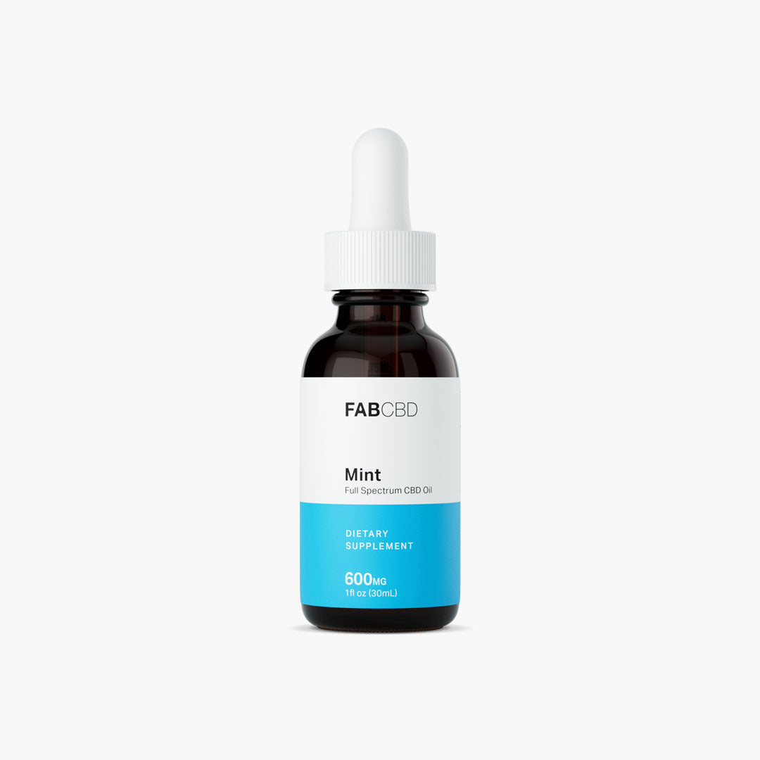 Front view of the CBD Oil bottle with a white dropper cap and blue label reading FABCBD Mint on a plain white background.