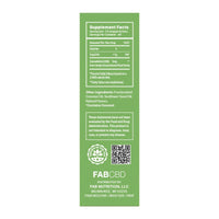 Rear label close-up of the FAB CBD CBD Oil showing supplement facts, ingredient list, QR code, and brand logo on a green background.