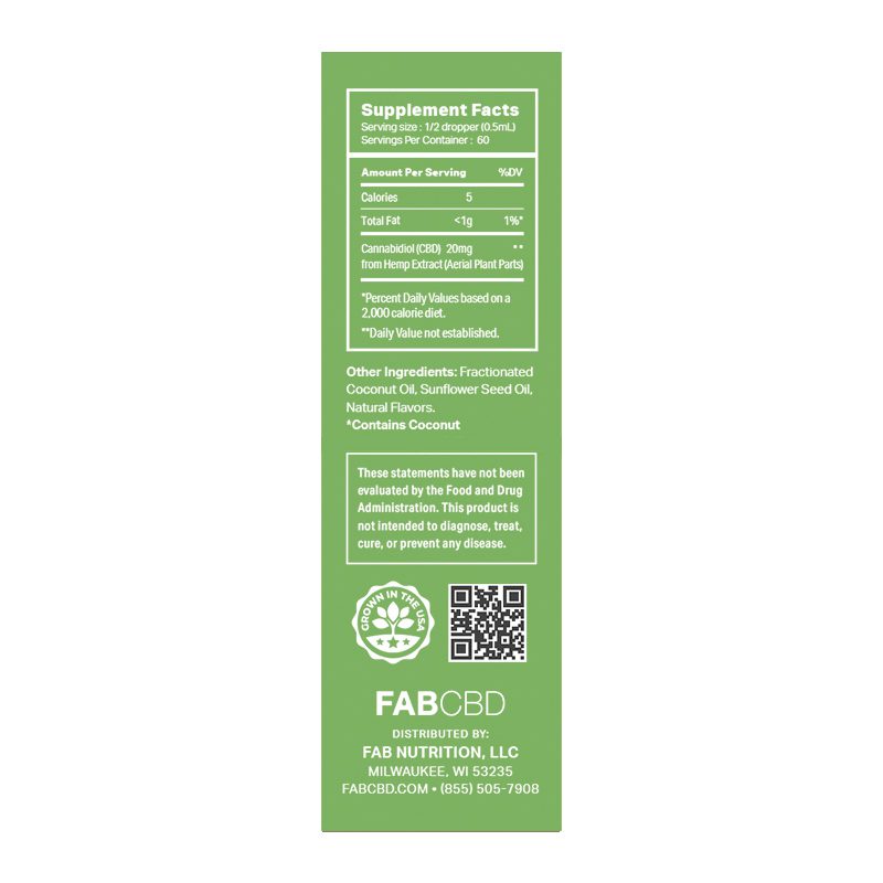 Rear view of the green label on the FABCBD CBD Oil box showing supplement facts, ingredients, a QR code, and branding.