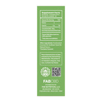 Rear view of the green label on the FABCBD CBD Oil box showing supplement facts, ingredients, a QR code, and branding.