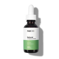 Front-facing studio shot of the FAB CBD CBD Oil dropper bottle labeled "Natural" with a white cap and soft shadow on a white background