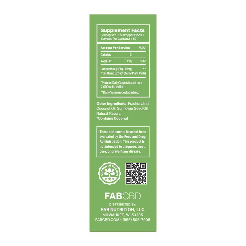 Vertically centered back label photo of the FABCBD CBD Oil box in green showing supplement facts, ingredients, QR code, and company info.