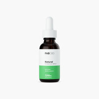 Centered front view of a FABCBD CBD Oil dropper bottle on a white background, showing the brown glass, white cap, and green-and-white label.