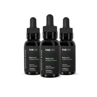 Front-facing trio of FAB CBD CBD Oil dropper bottles with black labels and green "Natural" text against a white background