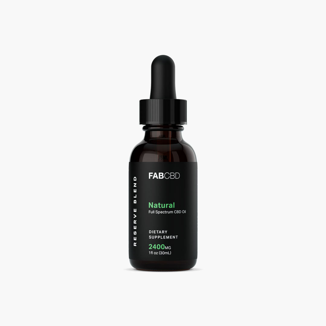 Center-frontal view of the FABCBD CBD Oil amber glass dropper bottle with a black label and green text on a white background.