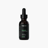 Center-frontal view of the FABCBD CBD Oil amber glass dropper bottle with a black label and green text on a white background.