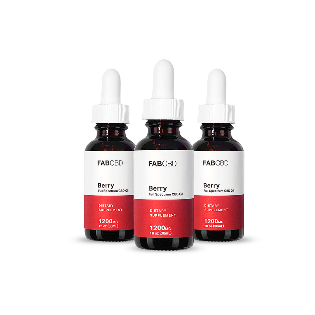 Front-facing trio of FABCBD CBD Oil Berry bottles with white droppers and red labels against a white background.