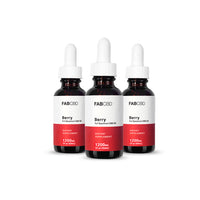 Front-facing trio of FABCBD CBD Oil Berry bottles with white droppers and red labels against a white background.