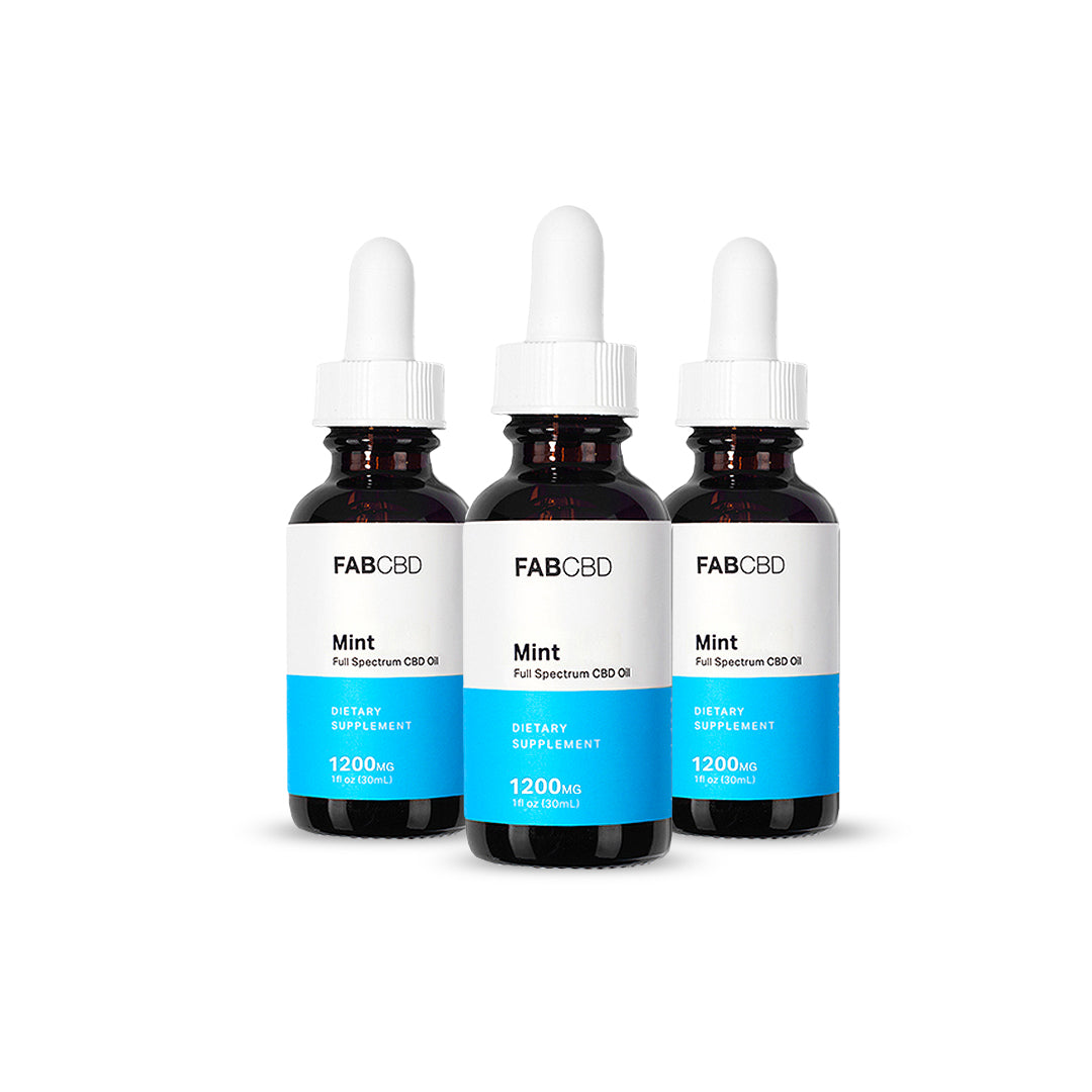 Front-facing trio of FABCBD CBD Oil mint bottles with white droppers and blue labels against a white background.