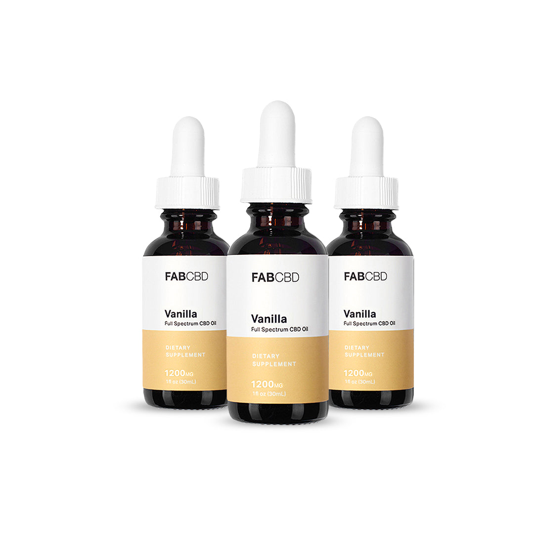Front-facing trio of FABCBD CBD Oil vanilla 1200mg bottles with white droppers against a white background.