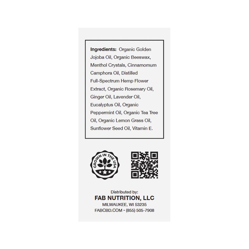 Rear label close-up showing ingredient list and QR code on the CBD Body Salve packaging by FAB NUTRITION, LLC.