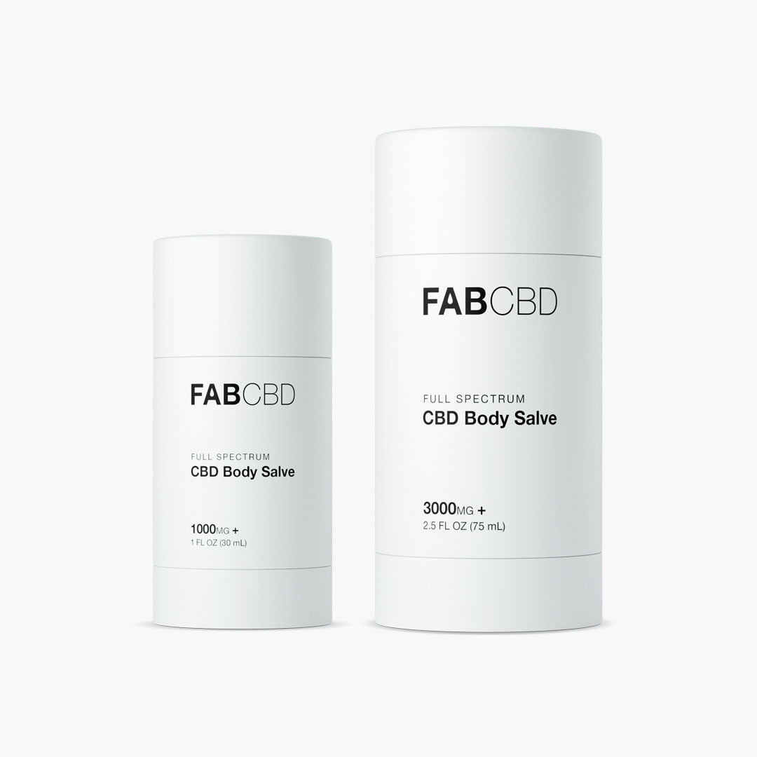 Minimal front view of two white FABCBD CBD Body Salve cylinders side by side on a clean white background.