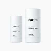 Minimal front view of two white FABCBD CBD Body Salve cylinders side by side on a clean white background.