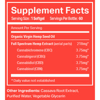 Supplement facts label for a hemp softgel showing 1 softgel serving size with 60 servings per bottle, featuring Organic Virgin Hemp Seed Oil and Full Spectrum Hemp Extract 218mg including CBC 3.75mg, CBG 3.75mg, CBD 3.75mg, and CBN 3.75mg, with other ingredients including Cassava Root Extract, Purified Water, and Vegetable Glycerin.