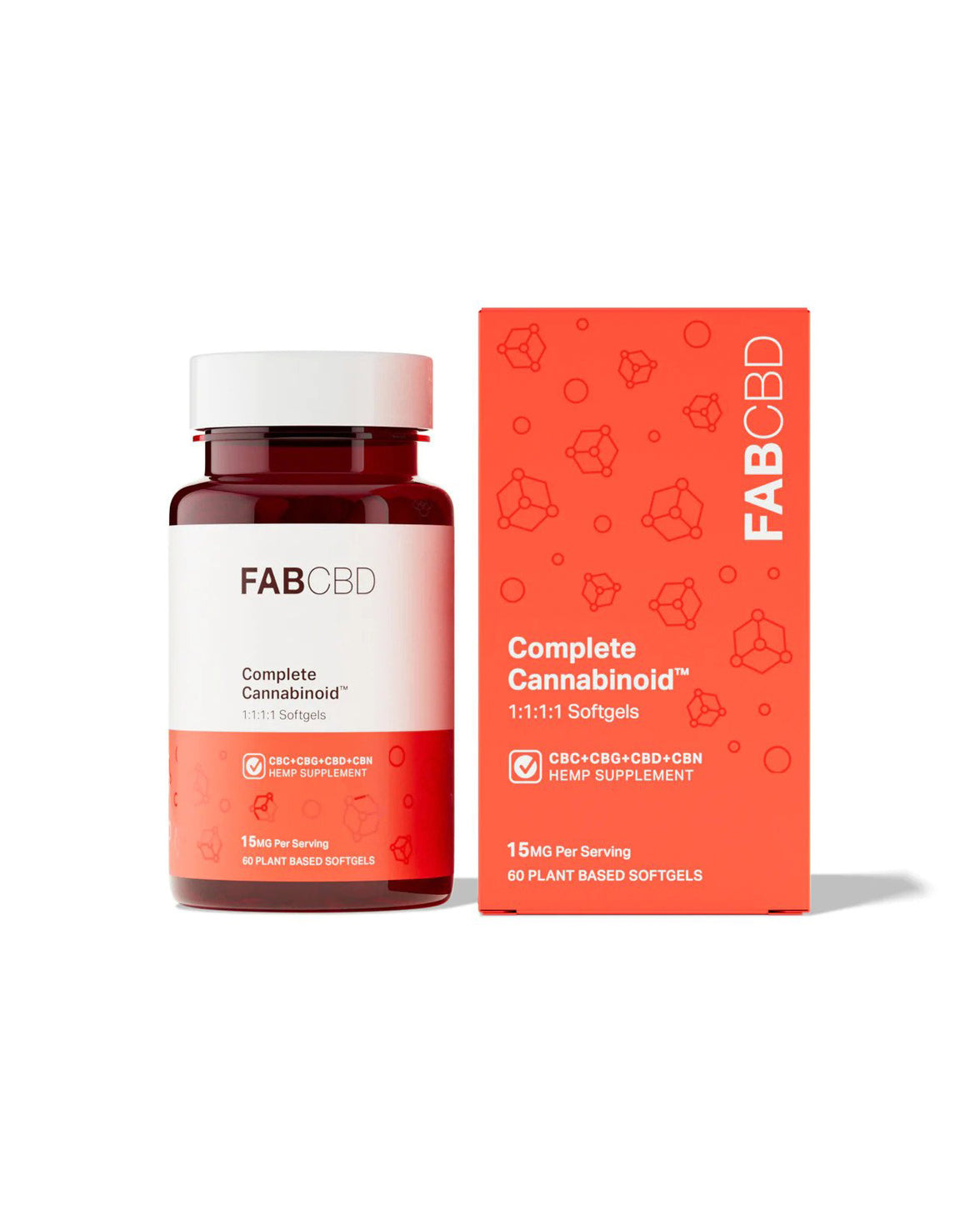 An amber glass supplement bottle standing upright next to its matching bright orange cardboard packaging box against a pure white background. Both items feature the FAB CBD branding for Complete Cannabinoid™ 1:1:1:1 Softgels and display key specifications, including "CBC+CBG+CBD+CBN HEMP SUPPLEMENT," a potency of "15MG Per Serving," and a total count of "60 PLANT BASED SOFTGELS."