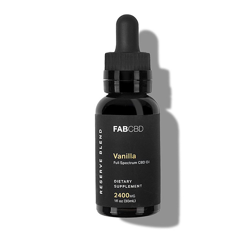 Top-down view of the FAB CBD CBD Oil vanilla 2400mg bottle with a black dropper casting a soft shadow on white.