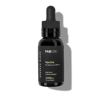 Top-down view of the FAB CBD CBD Oil vanilla 2400mg bottle with a black dropper casting a soft shadow on white.