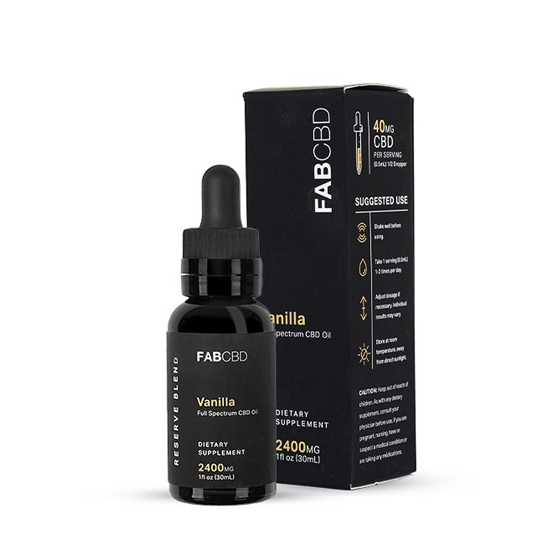 Front view of the FABCBD CBD Oil vanilla 2400mg bottle with dropper standing beside its black branded box on a white background.