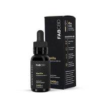 Front view of the FABCBD CBD Oil vanilla 2400mg bottle with dropper standing beside its black branded box on a white background.