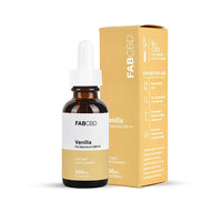 Front-facing shot of the FABCBD CBD Oil vanilla 300mg dropper bottle beside its matching golden box on a white background.