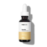 Center-framed bottle of FAB CBD CBD Oil with a white dropper cap casting a soft shadow on a white background