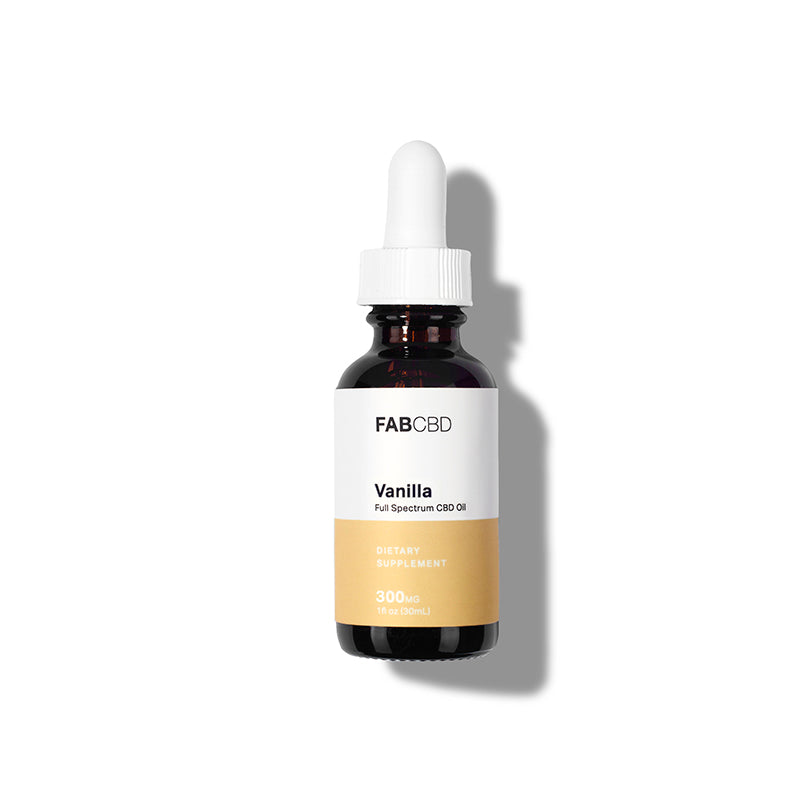 Front-lit, centered bottle of FABCBD CBD Oil with a white dropper casting a soft shadow on a white background.